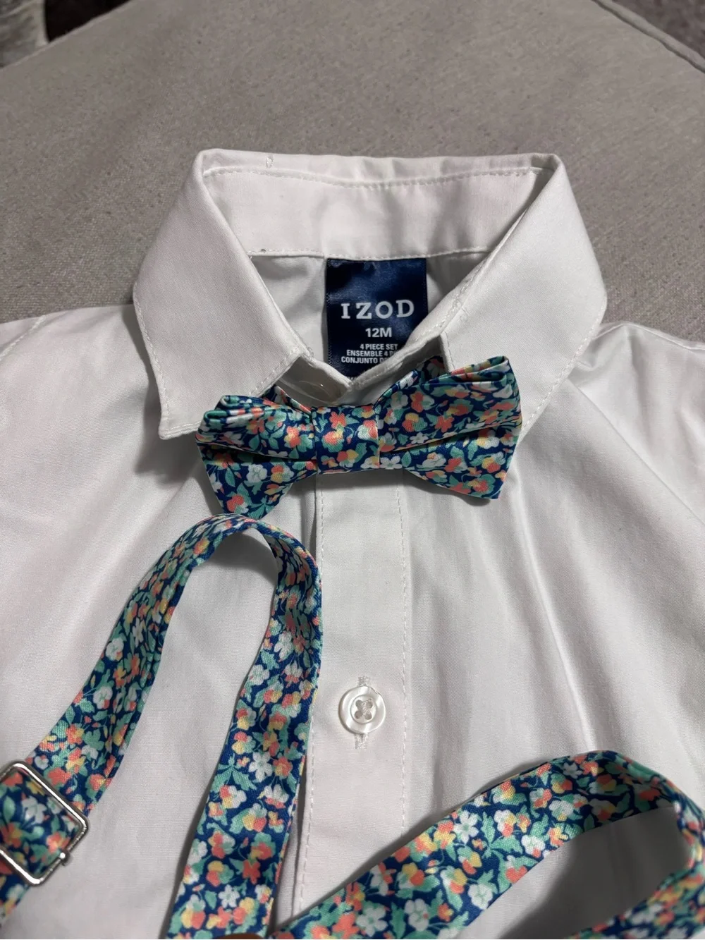 IZOD White Shirt with Blue Floral Bow Tie and Suspenders Set